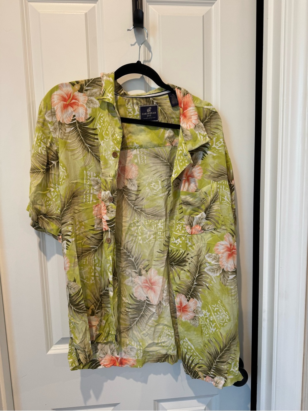 Caribbean Joe Lime Green Tropical Floral Button-Front Shirt